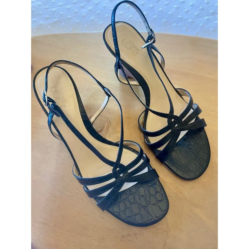 Ann Taylor LOFT Black Croc Embossed Leather Wooden Wedge Sandals Womens 9M